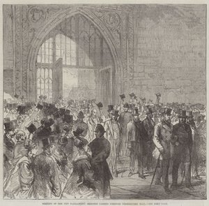 Reunión del nuevo parlamento, miembros pasando por Westminster Hall